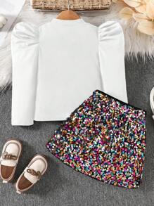 SHEIN Conjunto de blusa con mangas abullonadas y falda decorada con lentejuelas para niña, adecuado para uso en fiestas, otoño/invierno - Blanco - Ver 7