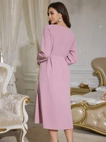 PalaceNights Color Block Lace Trim V-Neck Long Sleeve Women Sleepwear With Tassel Belt