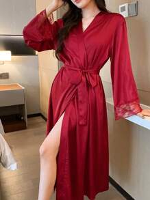 DAZY Women's Spring Long Satin & Contrast Lace Robe With Cinched Waist Pajama - Burgundy - View 6