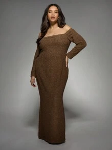 MISSGUIDED PLUS Plus Size Off-Shoulder Textured Bodycon Maxi Dress Evening Gown Long Sleeve Formal Party Wedding Guest Special Occasion Winter Elegant Floor Length - Brown - View 1
