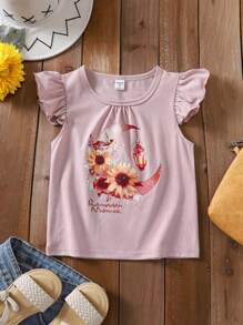 Wildeya Camiseta con estampado floral y lunar, y mangas con volantes para niñas jóvenes, color rosa, dulce y bonita, adecuada para actividades diarias, salidas y eventos sociales, colección de primavera/verano para el Ramadán