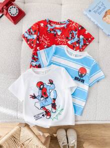 SHEIN Compra dos y llévate gratis. Camisa de punto de manga corta con cuello redondo suave y cómoda, de estilo casual y sencillo, práctica y versátil, adecuada para uso diario, la escuela, los viajes y los deportes, en primavera y verano, para niños pequeños.