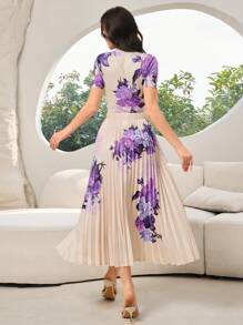 Modelyn 2pcs/Set Women Elegant Floral Print Short Sleeve Top And Pleated Skirt