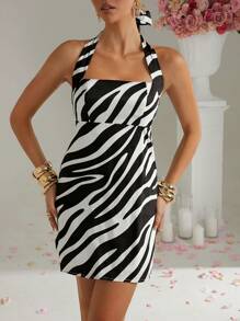 Lumalex White Animal Print Summer Chic Party Night Halter Neck Zebra Pattern Bodycon Mini Dress For Women,Bohemian Old Money Wedding Banquet Festival Outfit - Black and White - View 7