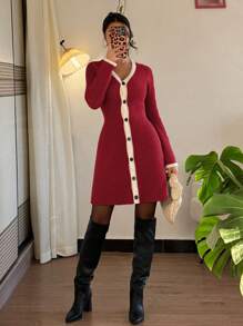 Chiquease Vestido de mujer de punto de manga larga con escote en V y ajuste elegante, con ribete de contraste en línea A, en color negro y blanco, para otoño/invierno