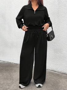 SHEIN Essnce Plus Size Women's Spring And Autumn Fashion Casual Comfortable Daily Half-Zip Long-Sleeved Pullover Sweatshirt And Wide-Leg Pants Black Two-Piece Set,Airport Outfit For Women,Spring Clothes,Curve Pants Set,Streetwear For Women,Black Set,College Students Outfit - Black - View 5