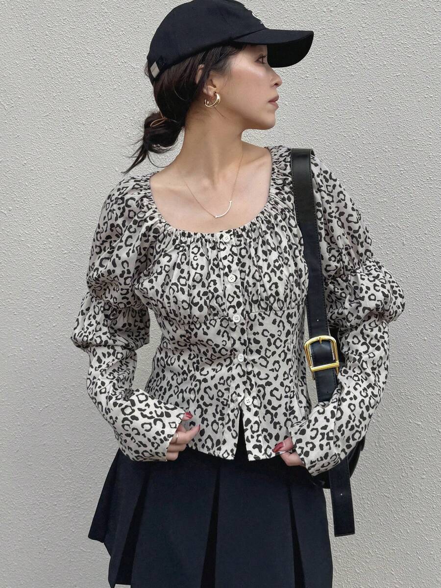 FRIFUL Damen Knopfleiste Vorne Leoparden Muster Langarm Einfach Lässiges Hemd Gepard Muster