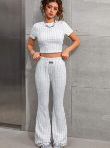SHEIN Leap Crew 2 Pieces Set Ribbed Knit Crop Top And Flare Pants For Teen Girls, Casual And Comfortable, Suitable For Spring And Summer - Light Grey - View 5