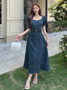 DAZY 方领泡泡袖洗水纽扣女式牛仔连衣裙 - 中等水洗藍 - 查看 1