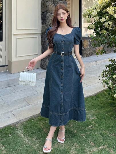 DAZY Square Neck Puff Sleeve Washed Button Women Denim Dress