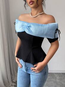 Elenzga 纹理材质混合欧根纱露肩蝴蝶结优雅女式衬衫 - 黑色 - 查看 6