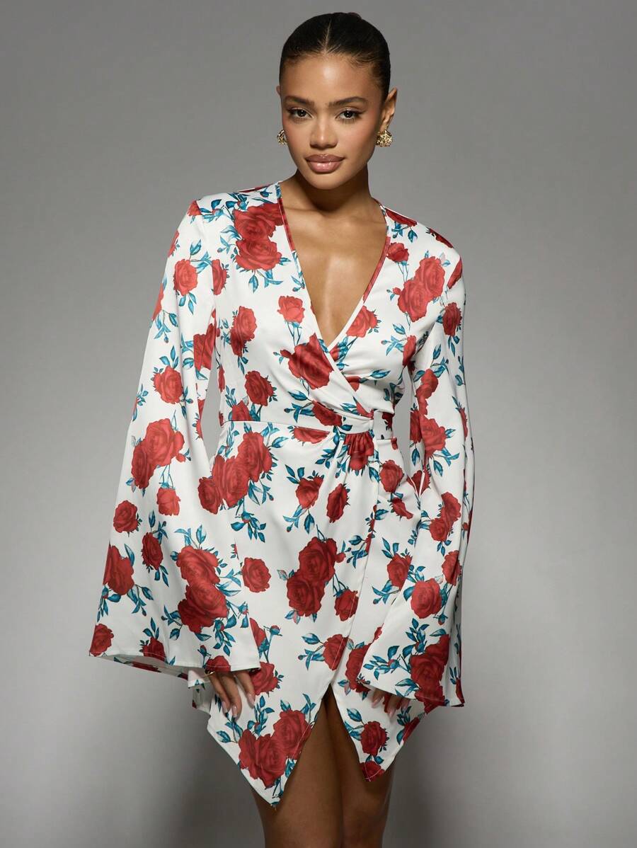MISSGUIDED Elegant Floral Wrap Mini Dress Bell Sleeves V-Neck Special Occasion Party Evening Wedding Guest Spring Summer,XS