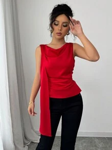 Elenzga 缎面面料不对称荷叶边优雅女士衬衫，情人节 - 紅色 - 查看 3