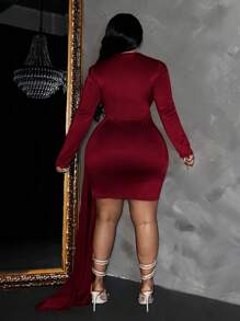 Slaydiva Plus Size Elegant V-Neck Long Sleeve Cinched Waist Dress, Autumn/Winter