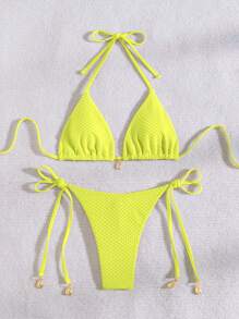 Women's Solid Color Halter Neck Back Tie Bikini Top & Bottom Swimwear Set Summer - Yellow - View 3