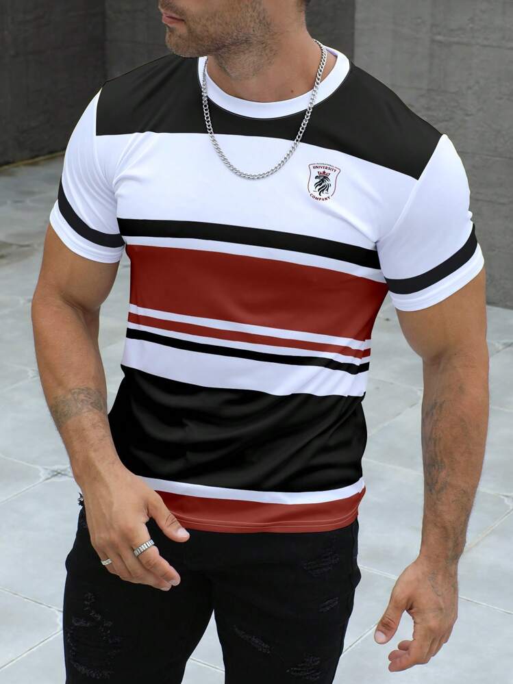 Manfinity Dauomo Camiseta casual de cuello redondo de manga corta a rayas para hombre, camiseta de uso diario - Multicolor - Añade 5