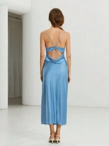 Aveloria Solid Tie Backless Cami Dress Holiday Party Birthday Formal Occassion Dress  - Blue - View 2