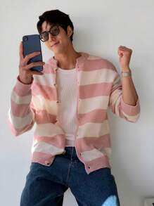 Manfinity CasualKnits Men's Striped Button Front Cardigan, Casual Simple Fashion For Everyday Wear - Apricot - View 1