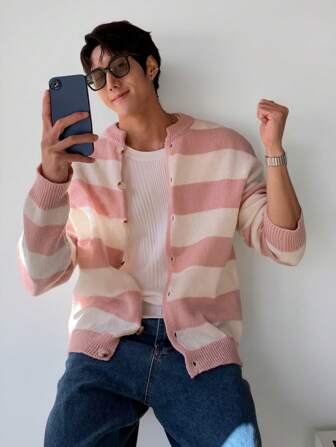 Manfinity CasualKnits Herren gestreifter Knopfverschluss Strickjacke, lässig-simpler Modestil für den täglichen Gebrauch