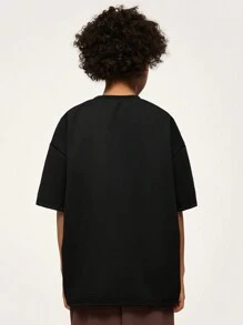 SHEIN Explorewe Camiseta de manga corta con cuello redondo y bordado de estrella, estilo casual de calle para niño preadolescente, verano - Negro - Ver 2