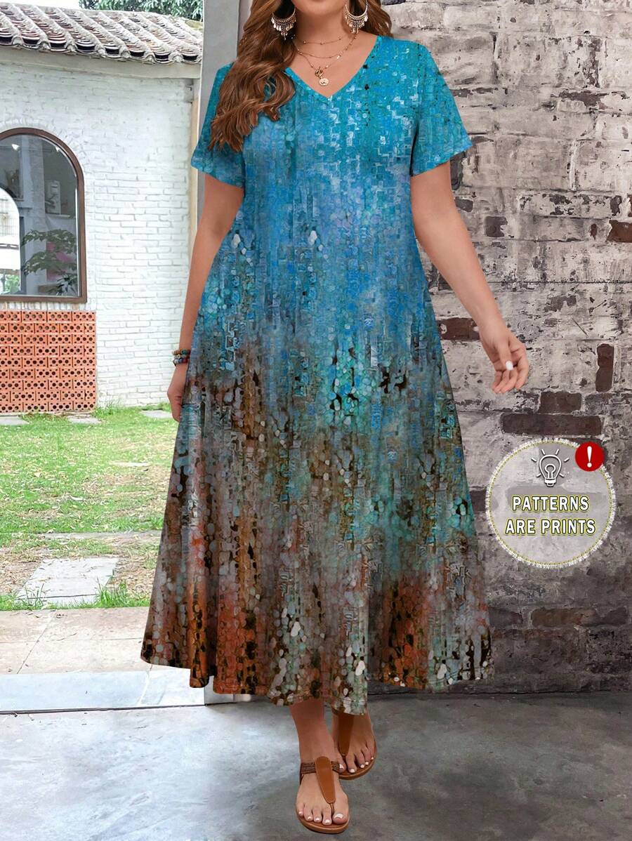 EMERY ROSE Summer Casual Vintage Style Slim Fit Plus Size Women's Dress,Beach Dress Sundress,Holiday Outfits Boho - Blue - View 1