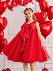 Tween Girl Red Fancy Bow Mesh Dress For Valentine's Day - Red - View 1