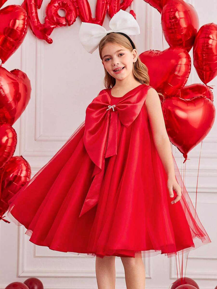 Tween Girl Red Fancy Bow Mesh Dress For Valentine's Day - Red - View 1