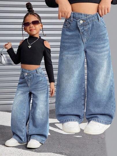 SHEIN 年轻女孩 Y2K 复古蓝色不对称腰部宽松牛仔裤，秋冬季，感恩节