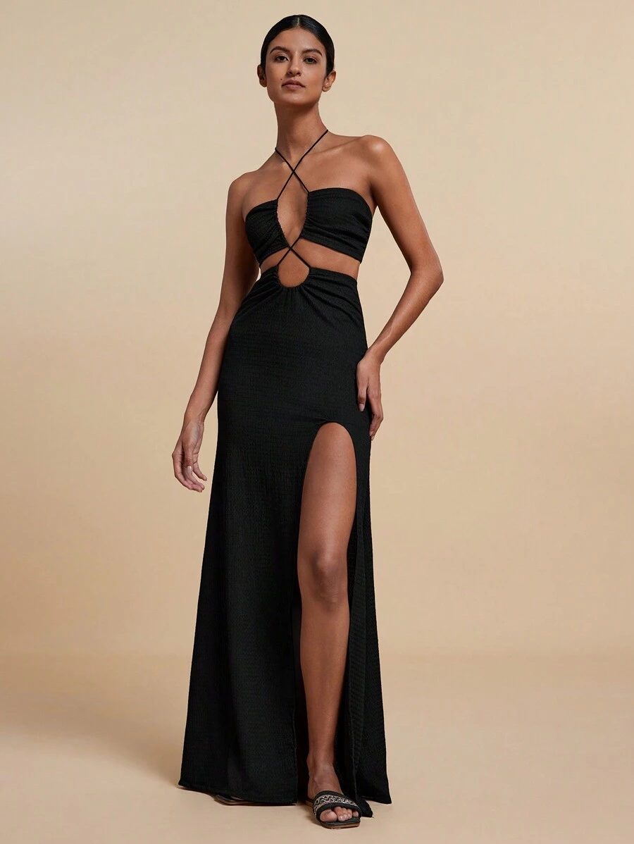 Travachic Summer Beach Woman Cut Out Split Thigh Halter Neck Backless Black Dress - Black - View 1