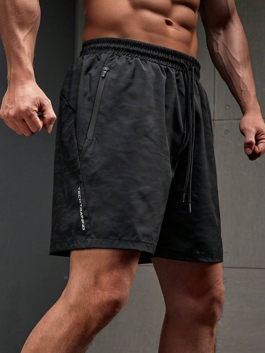 Manfinity Sport Corelite Men's Front Tie Pocket Simple Sports Shorts, Casual Everyday Wear Breathable Lightweight Cool Reflective Running Muscle Slim Fit For Training Running Shorts - Black - View 1