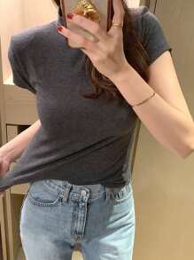 DAZY Women Solid Color Slim Fit Turtleneck Short Sleeve T-Shirt, Deep Gray, Spring/Summer Preppy Tops - Dark Grey - View 6