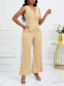 SHEIN Lady Casual Commuter Striped Vest And Trouser Suit - Yellow - View 4