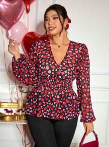 SHEIN Frenchy Plus Size V-Neck Long Sleeve Heart Print Simple Casual Shirt For Valentine's Day,Love/Lover,Xoxo/Kisses,Spring - Multicolor - View 2