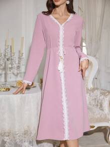 PalaceNights Color Block Lace Trim V-Neck Long Sleeve Women Sleepwear With Tassel Belt