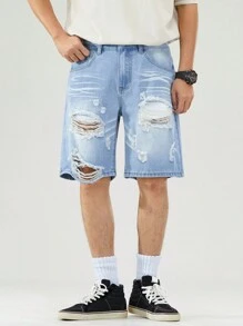 Manfinity Hypemode Men's Loose Casual Bermuda Distressed Denim Shorts With Pockets