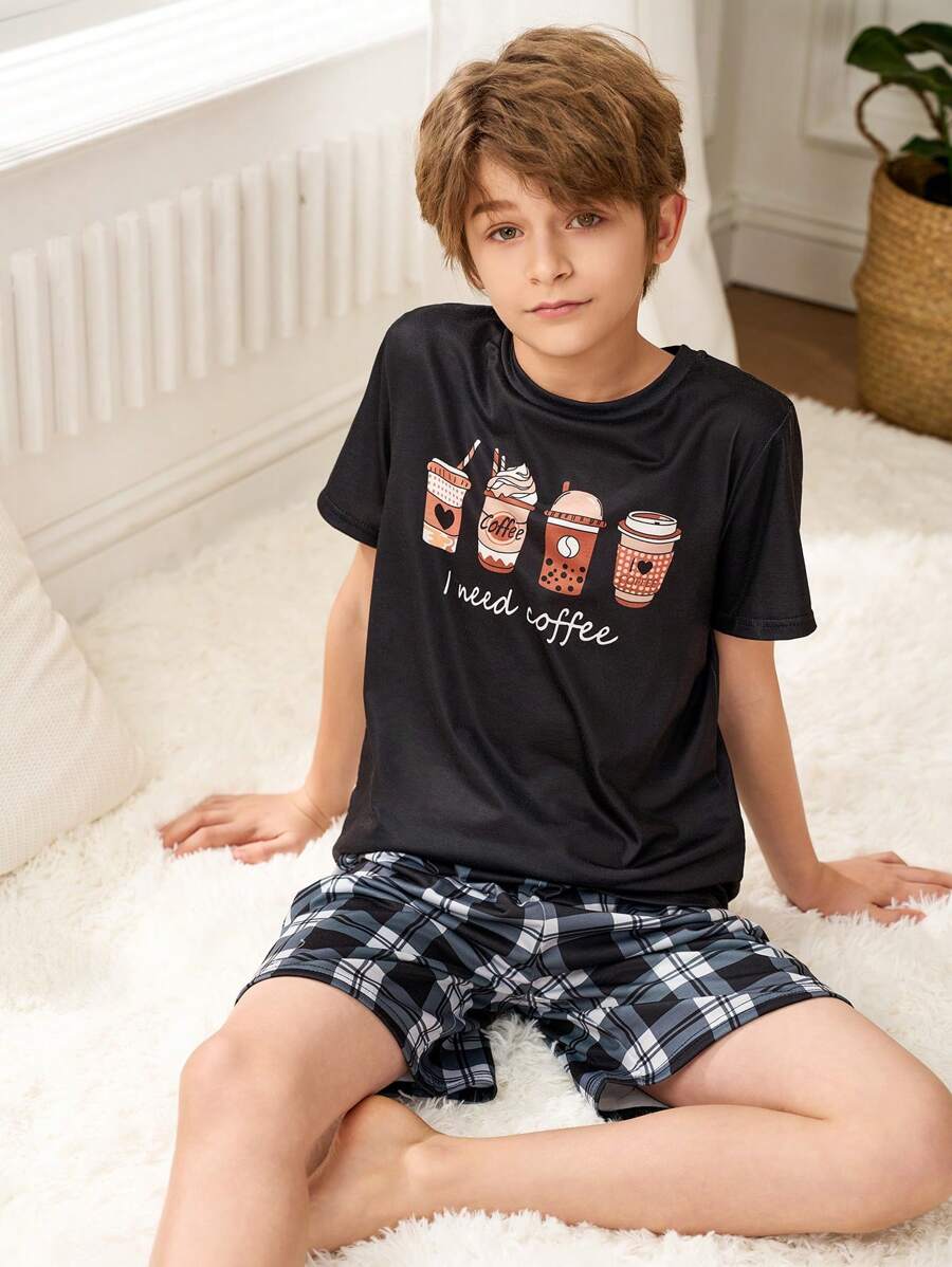 SHEIN Tween Boys' Casual Coffee Pattern Round Neck Short Sleeve T-Shirt And Plaid Pattern Shorts 2 Pieces Loose Lounge Set - Multicolor - View 1