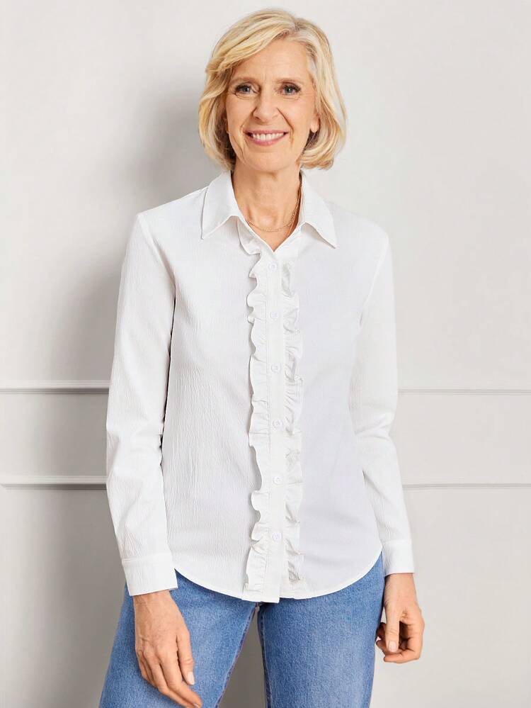 Church Clothes Women Women's Solid Color Long Sleeve Frill Trim Button Down Shirt For Autumn