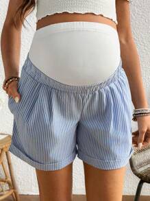 SHEIN Maternity Striped Casual Loose Adjustable Waist Pregnancy Shorts - Blue and White - View 5