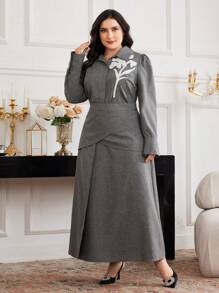 Modelyn Ensemble 2 pièces grande taille - Chemisier à manches longues et jupe avec broderie florale élégante, ensemble 2 pièces automnal