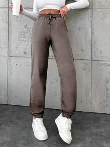 EURMUSE Cotton Women's Drawstring Waist Pocket Jogger Pants - Mocha Brown - View 3