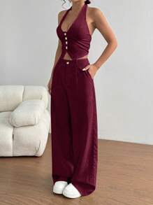 SHEIN Unity 2件套：领带背心+直筒休闲裤 - 酒紅色 - 查看 5