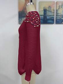 SHEIN LUNE 女士休闲毛衣，饰有仿珍珠圆领针织套头衫，适合秋冬季穿着 - 酒紅色 - 查看 3