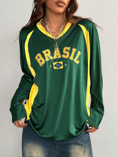 Coolane Women's Fall Winter Daily Wear Y2K Hip-Hop Rapper Streetwear Couple Costumes Game Day Jersey Knit Letter Print Graphics Comfortable Patchwork Color-Blocked Green And Yellow Over Size Raglan Sleeve Long Sleeve V-Neck Pullover T-Shirt For  Music Festival And Party And Concert