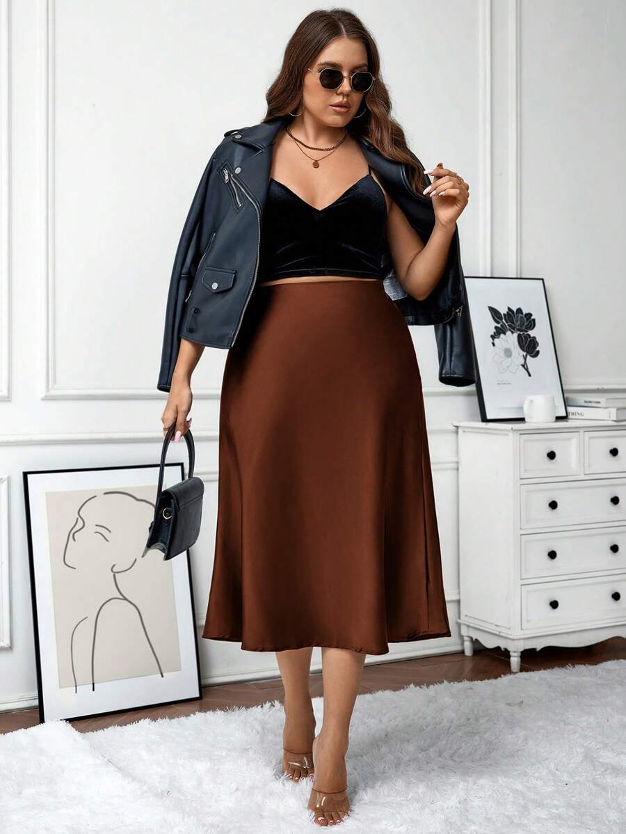 SHEIN LUNE Váy mini màu đỏ rượu vang trơn thường ngày cho nữ cỡ lớn - Màu nâu Sô-cô-la - Xem 1