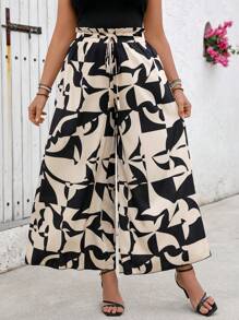 SHEIN LUNE Plus Size Black Apricot Color Woven Ruffle Hem Palazzo Pants, Resort Wear For Spring/Summer