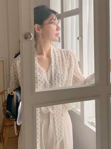 DAZY 女士波尔卡圆点蝴蝶结优雅长袖衬衫