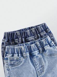 2 Pairs Toddler Boys' Fashionable Casual Academy Washed Blue Denim Elastic Waist Jeans - Multicolor - View 6