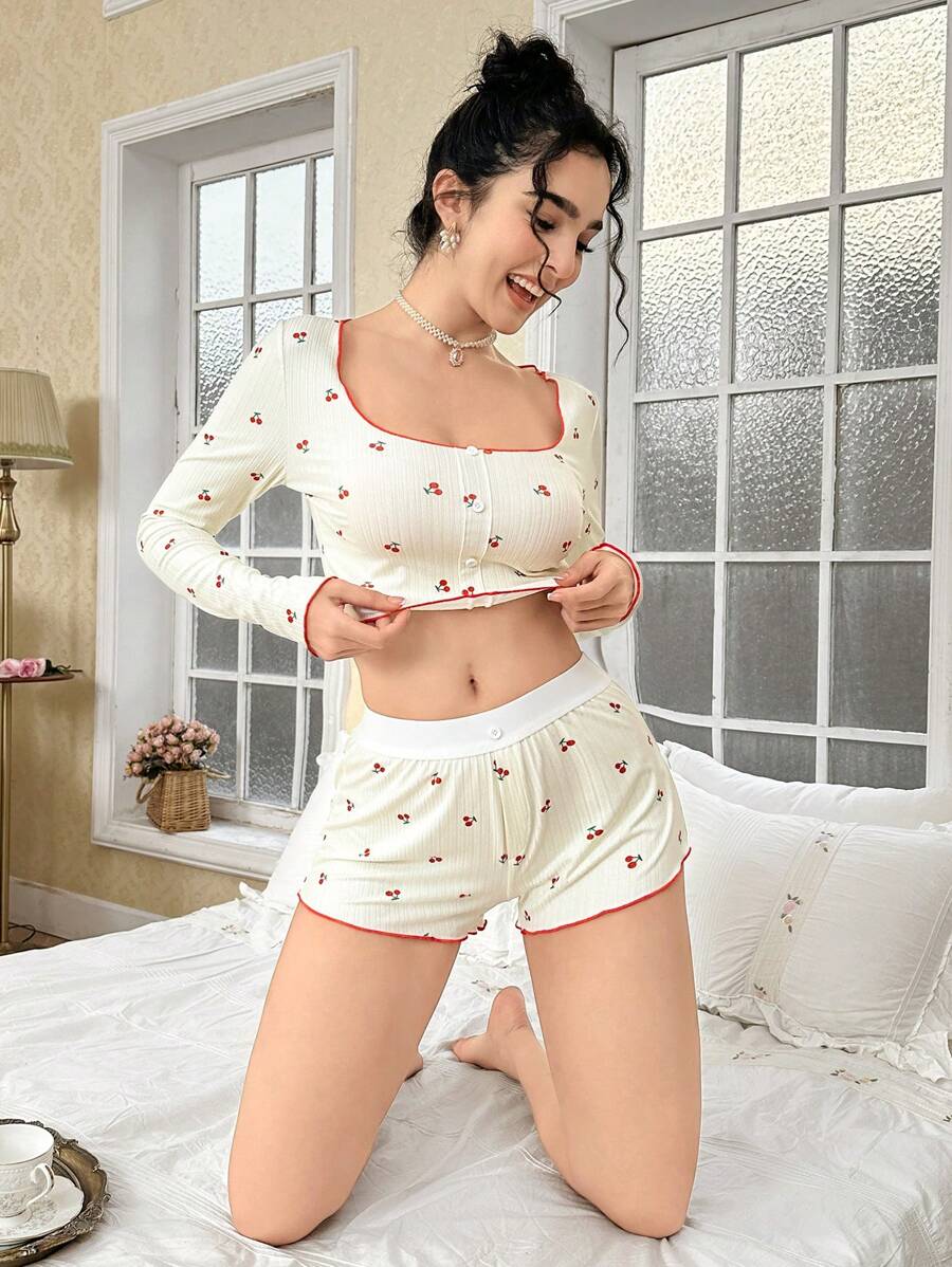 CottageSlumber Ins 樱桃图案撞色女式睡衣套装