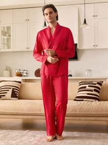 男士披肩领长袖家居服红色睡衣套装 - 酒紅色 - 查看 3