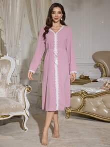 PalaceNights Color Block Lace Trim V-Neck Long Sleeve Women Sleepwear With Tassel Belt